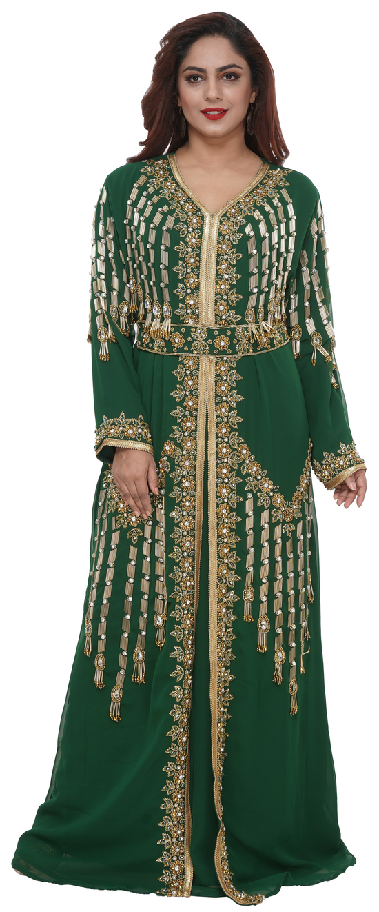 Henna Party Kaftan With Golden Floral Embroidery - Maxim Creation