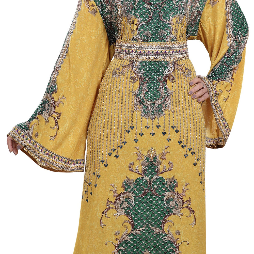 
                  
                    Yellow Printed Kaftan with Crystal Luxe Beads - Maxim Creation
                  
                