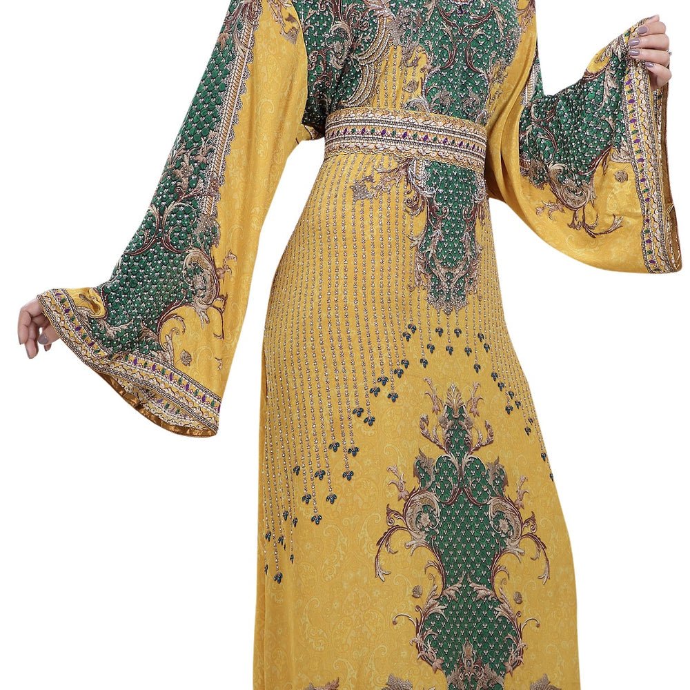 
                  
                    Yellow Printed Kaftan with Crystal Luxe Beads - Maxim Creation
                  
                