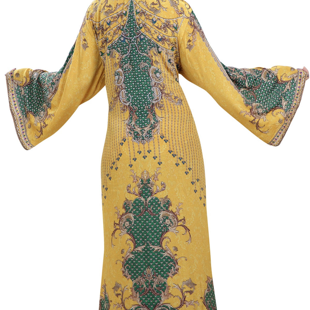 
                  
                    Yellow Printed Kaftan with Crystal Luxe Beads - Maxim Creation
                  
                