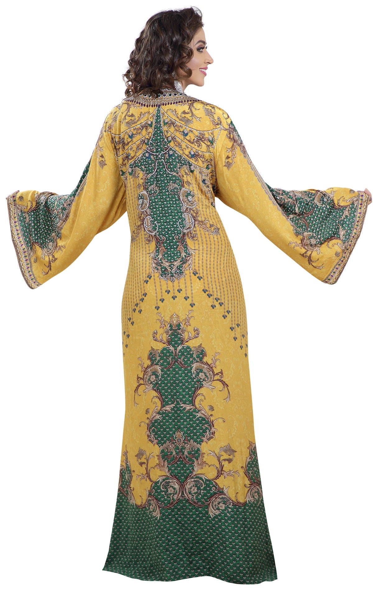 Yellow Printed Kaftan with Crystal Luxe Beads - Maxim Creation