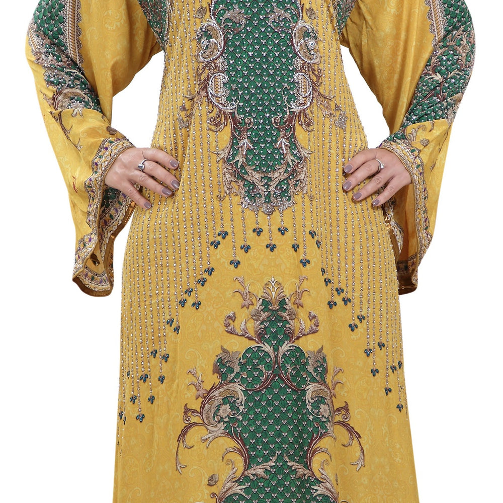 
                  
                    Yellow Printed Kaftan with Crystal Luxe Beads - Maxim Creation
                  
                
