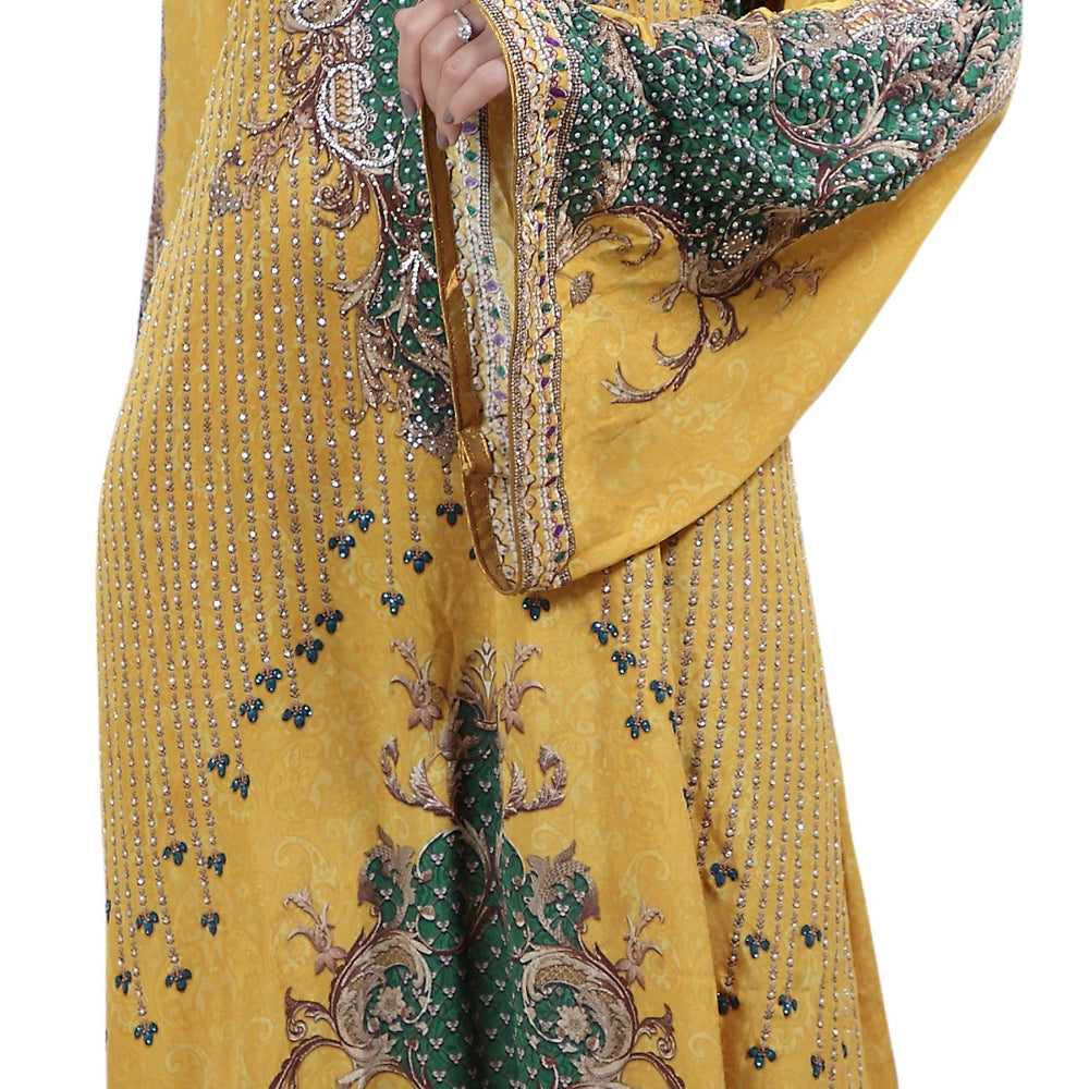 
                  
                    Yellow Printed Kaftan with Crystal Luxe Beads - Maxim Creation
                  
                
