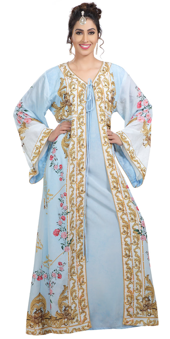 Floral Digital Printed Kaftan with Pearl Beads - Maxim Creation