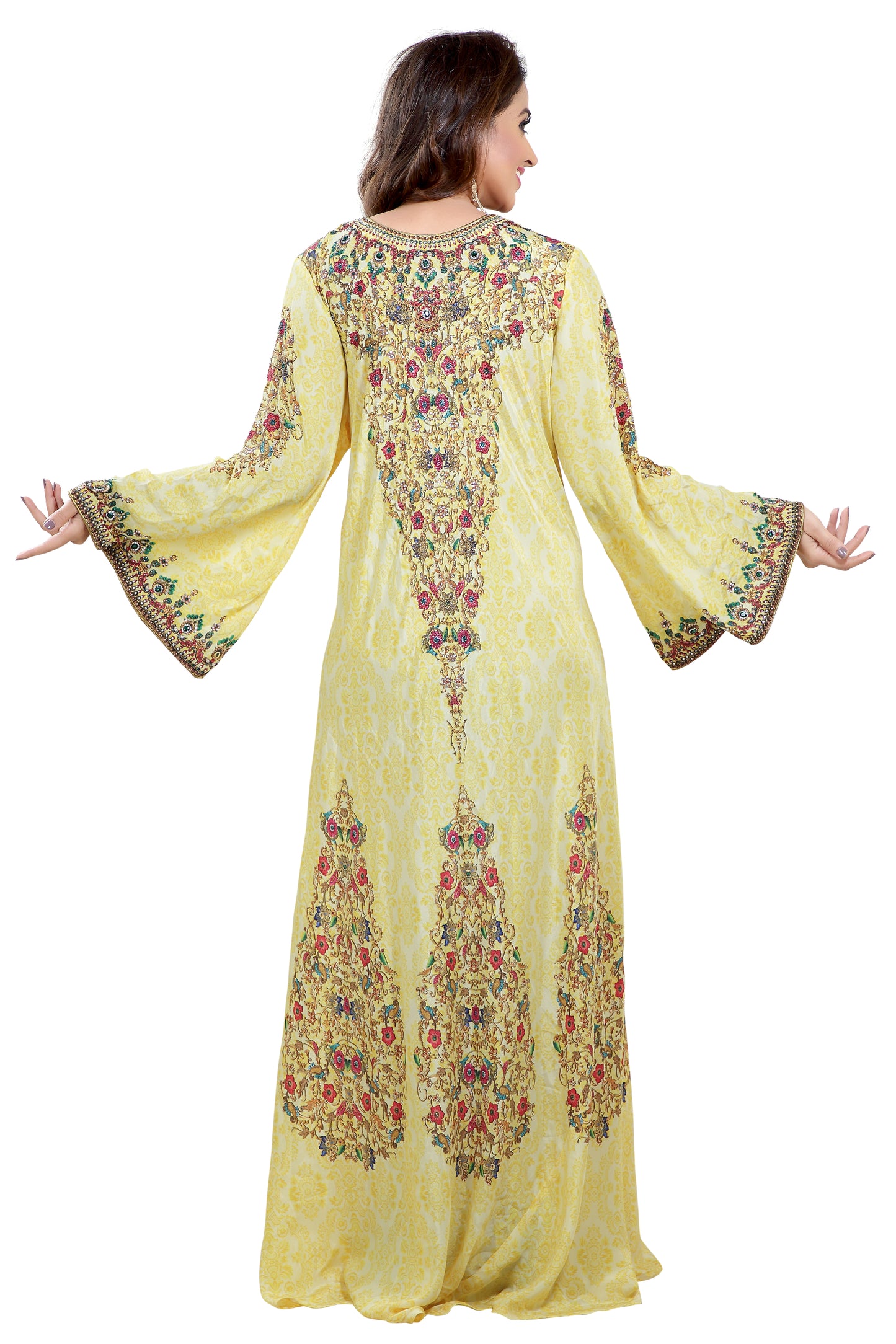 Printed Dubai Kaftan With Mix Embroidered Beads - Maxim Creation