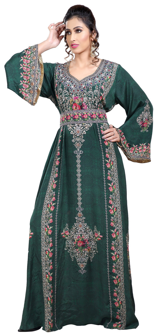 Floral Printed Fabric Kaftan with Embroidered Belt - Maxim Creation