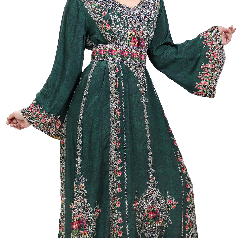 Floral Printed Fabric Kaftan with Embroidered Belt - Maxim Creation