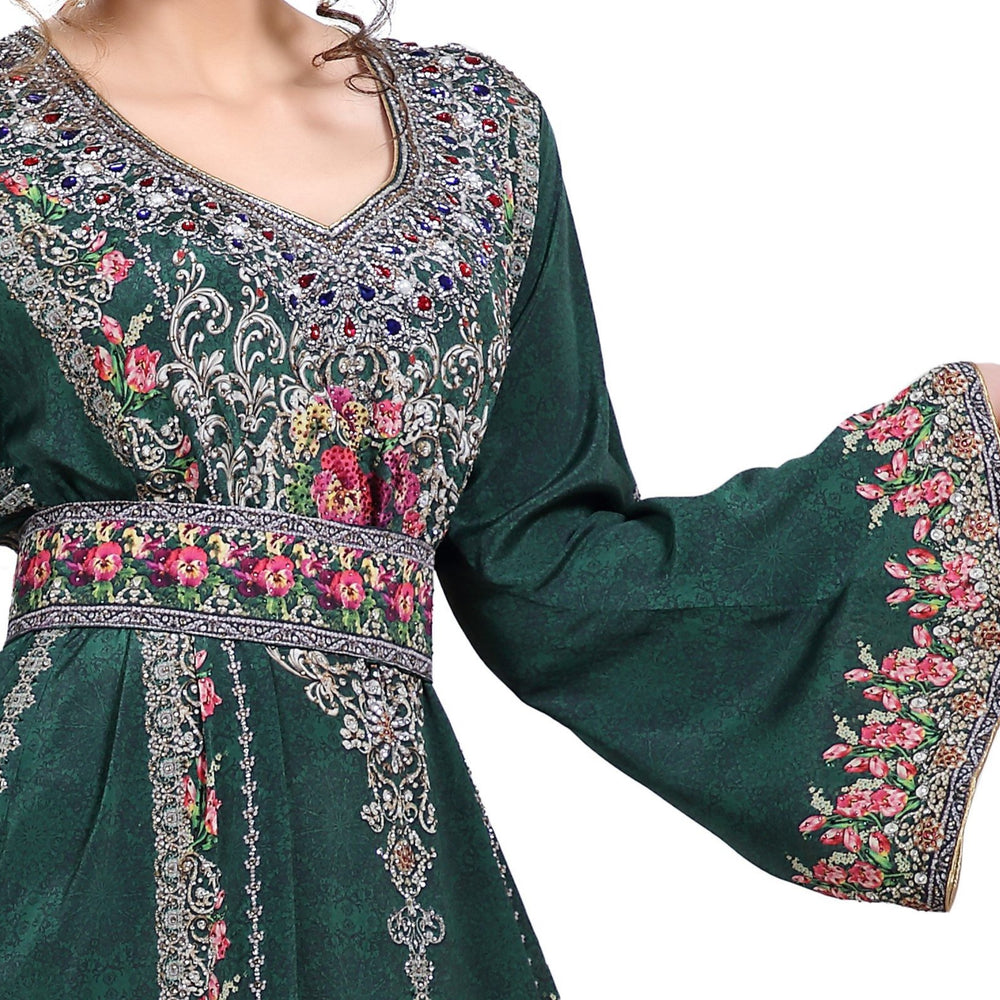 Floral Printed Fabric Kaftan with Embroidered Belt - Maxim Creation