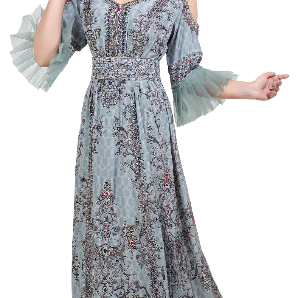 
                  
                    Digital Printed Party Gown With Cold Shoulder Sleeves - Maxim Creation
                  
                