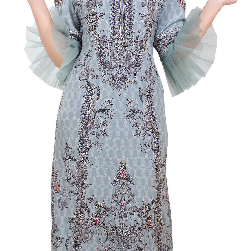 
                  
                    Digital Printed Party Gown With Cold Shoulder Sleeves - Maxim Creation
                  
                