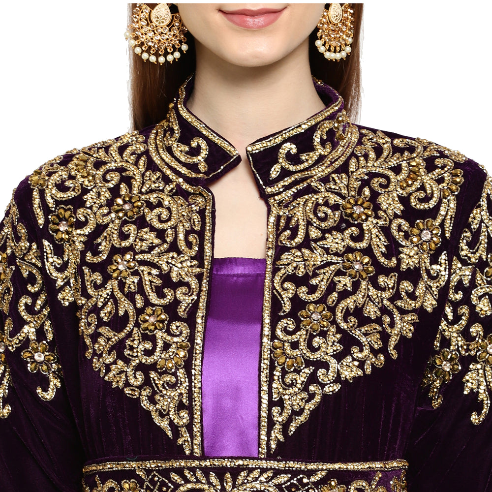 
                  
                    Wedding Gown Hand Embroidered Dress in Purple Velvet - Maxim Creation
                  
                