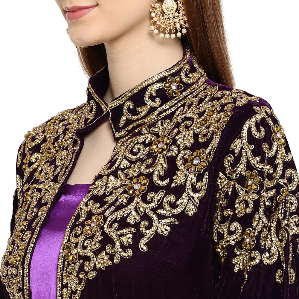 
                  
                    Wedding Gown Hand Embroidered Dress in Purple Velvet - Maxim Creation
                  
                