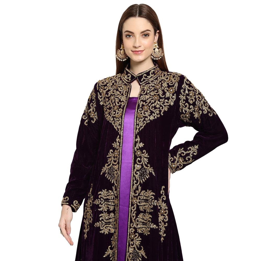 
                  
                    Wedding Gown Hand Embroidered Dress in Purple Velvet - Maxim Creation
                  
                