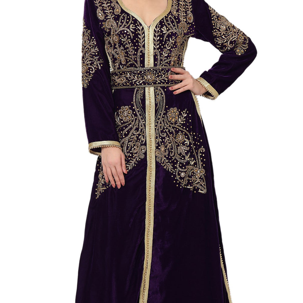 
                  
                    Designer Caftan Evening Party Gown in Purple Velvet - Maxim Creation
                  
                