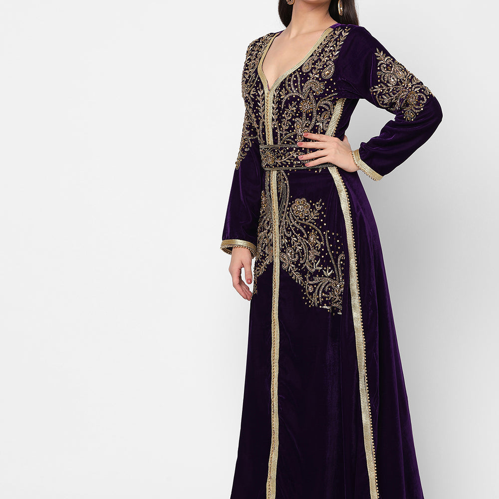 
                  
                    Designer Caftan Evening Party Gown in Purple Velvet - Maxim Creation
                  
                