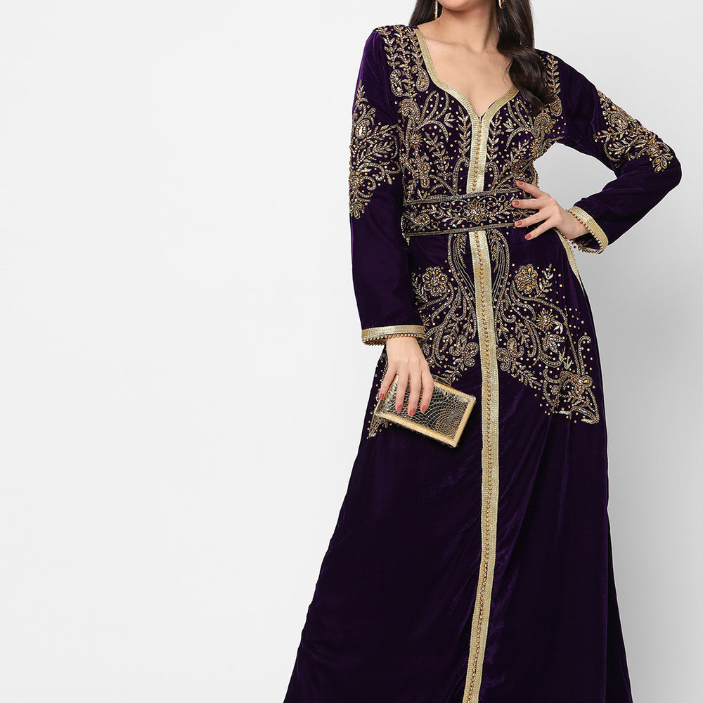
                  
                    Designer Caftan Evening Party Gown in Purple Velvet - Maxim Creation
                  
                