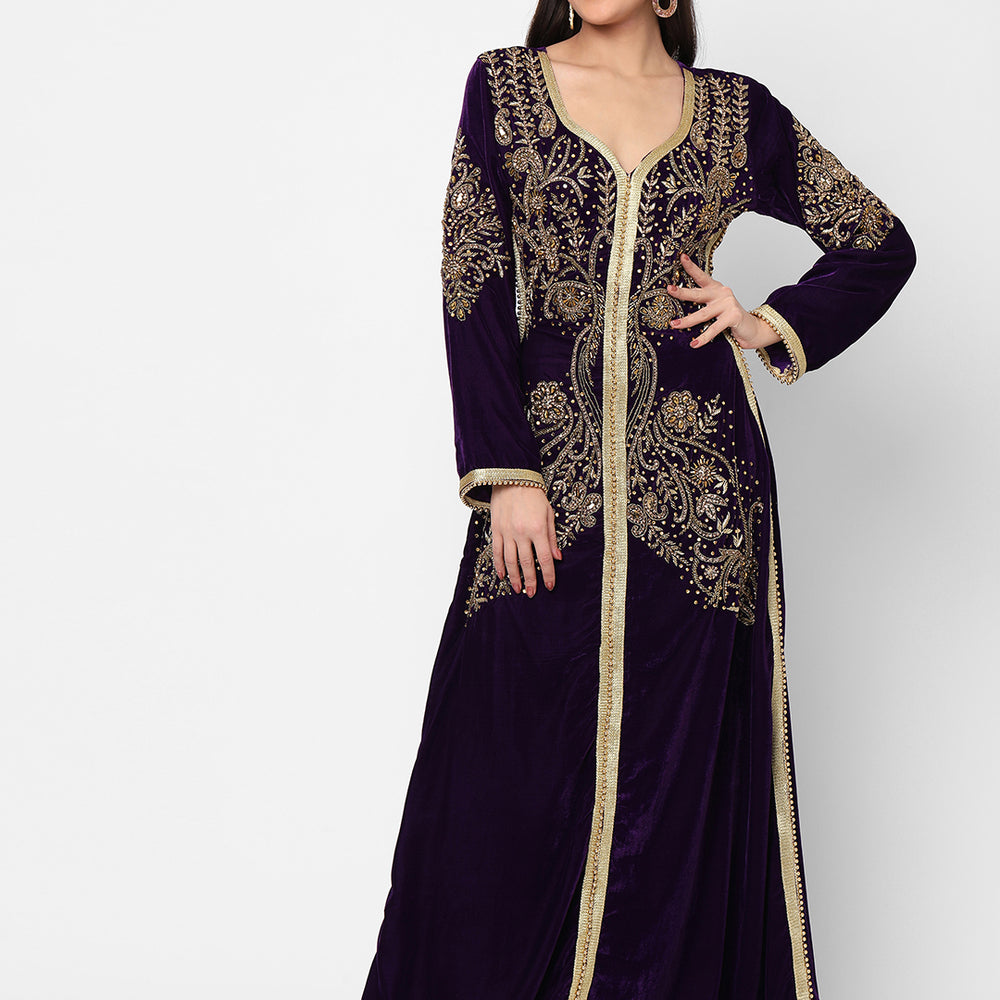 
                  
                    Designer Caftan Evening Party Gown in Purple Velvet - Maxim Creation
                  
                