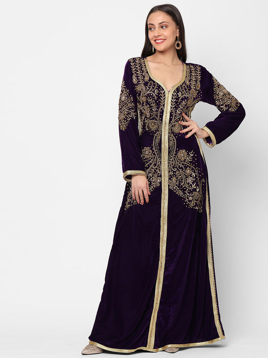 Designer Caftan Evening Party Gown in Purple Velvet - Maxim Creation