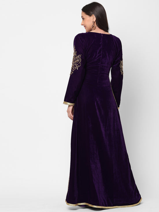 Designer Caftan Evening Party Gown in Purple Velvet - Maxim Creation