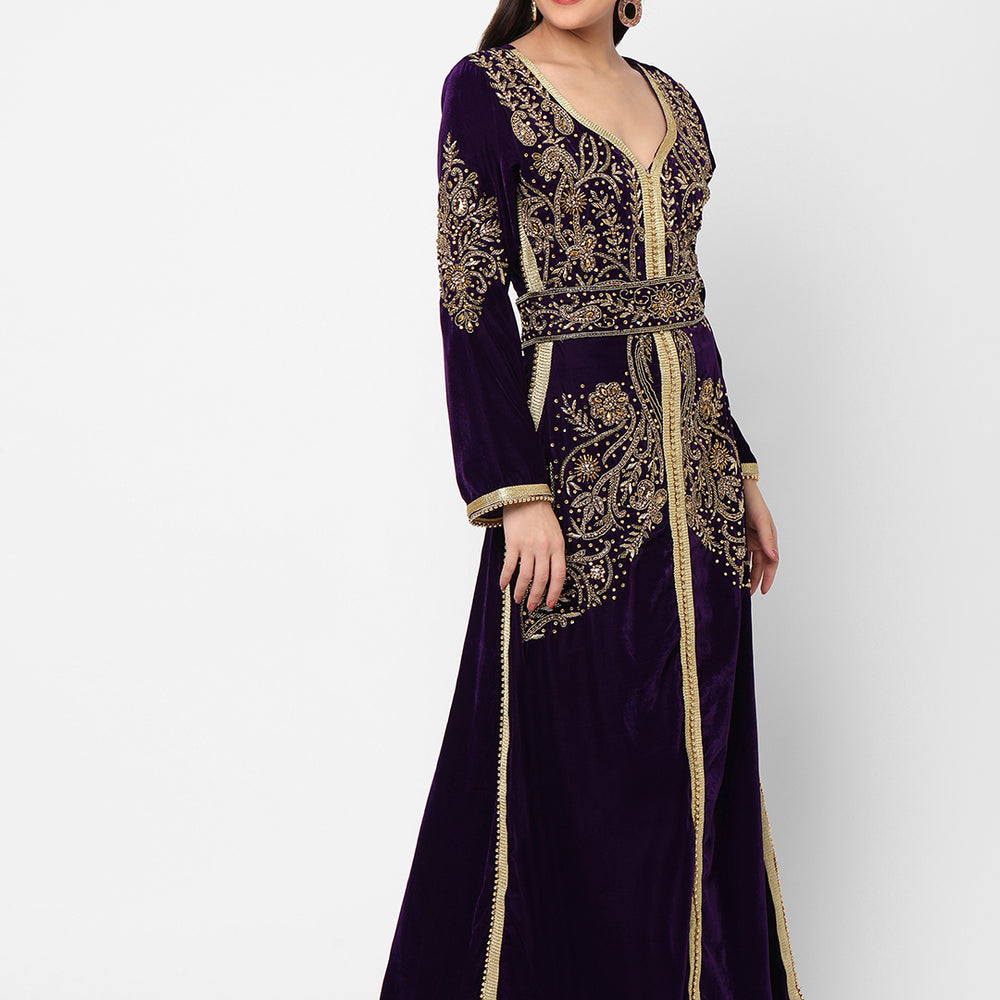 
                  
                    Designer Caftan Evening Party Gown in Purple Velvet - Maxim Creation
                  
                