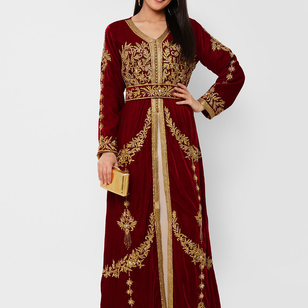 
                  
                    Modern Velvet Kaftan Evening Party Gown - Maxim Creation
                  
                