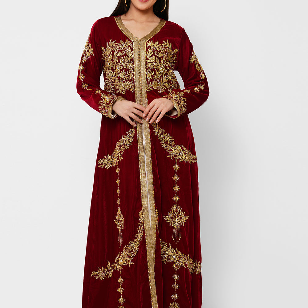 
                  
                    Modern Velvet Kaftan Evening Party Gown - Maxim Creation
                  
                