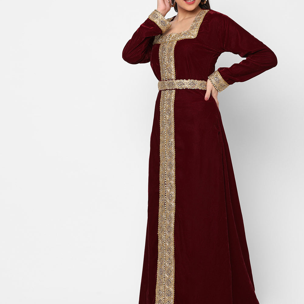 
                  
                    Designer Gown In Velvet Long Sleeve Maxi in Maroon Velvet - Maxim Creation
                  
                