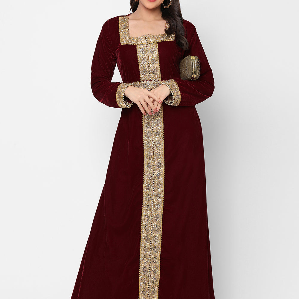 
                  
                    Designer Gown In Velvet Long Sleeve Maxi in Maroon Velvet - Maxim Creation
                  
                