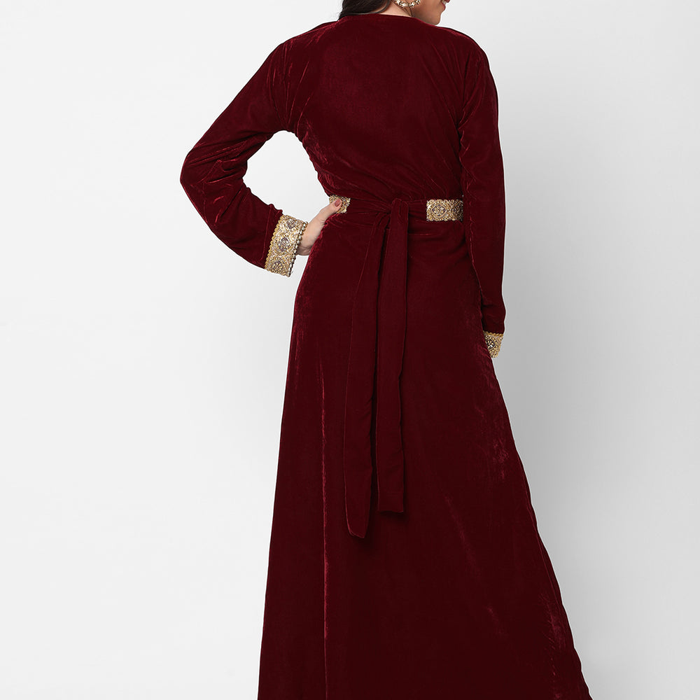 
                  
                    Designer Gown In Velvet Long Sleeve Maxi in Maroon Velvet - Maxim Creation
                  
                