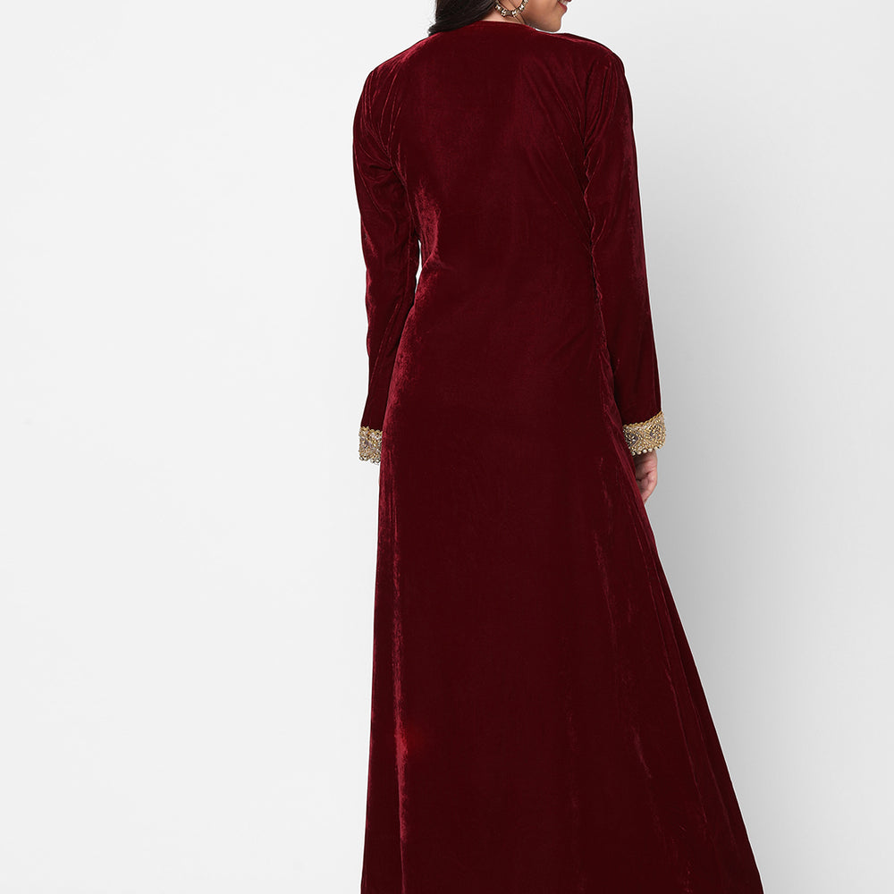 
                  
                    Designer Gown In Velvet Long Sleeve Maxi in Maroon Velvet - Maxim Creation
                  
                