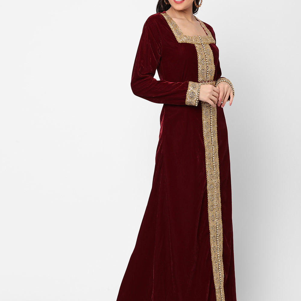 
                  
                    Designer Gown In Velvet Long Sleeve Maxi in Maroon Velvet - Maxim Creation
                  
                
