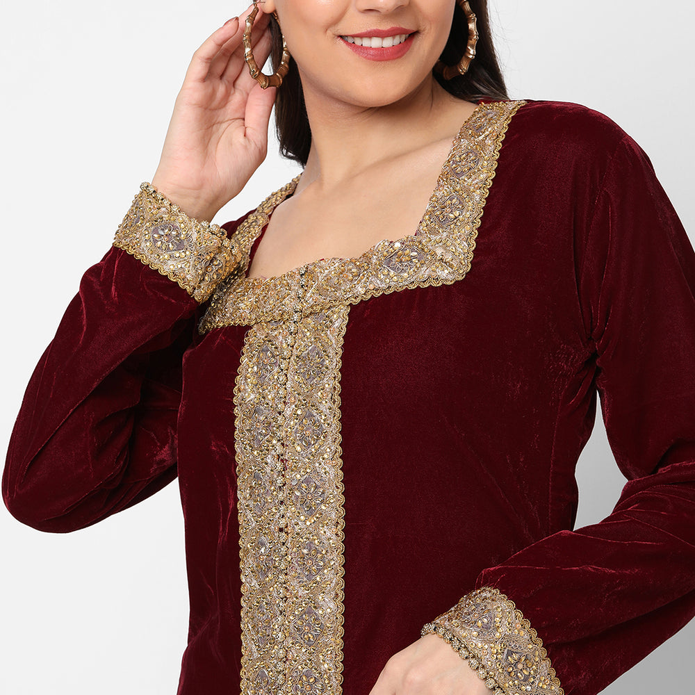 
                  
                    Designer Gown In Velvet Long Sleeve Maxi in Maroon Velvet - Maxim Creation
                  
                