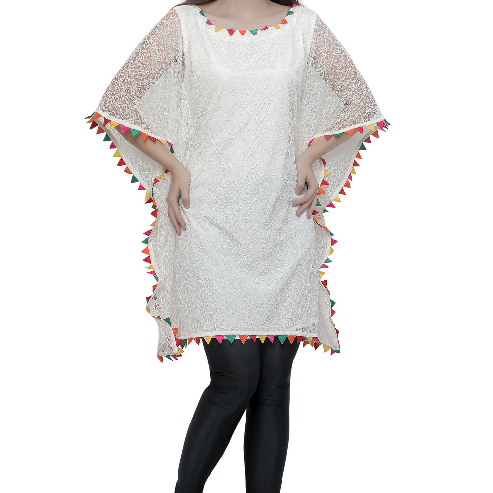 Cream Floral Net Beach Caftan with Colorful Trim - Maxim Creation