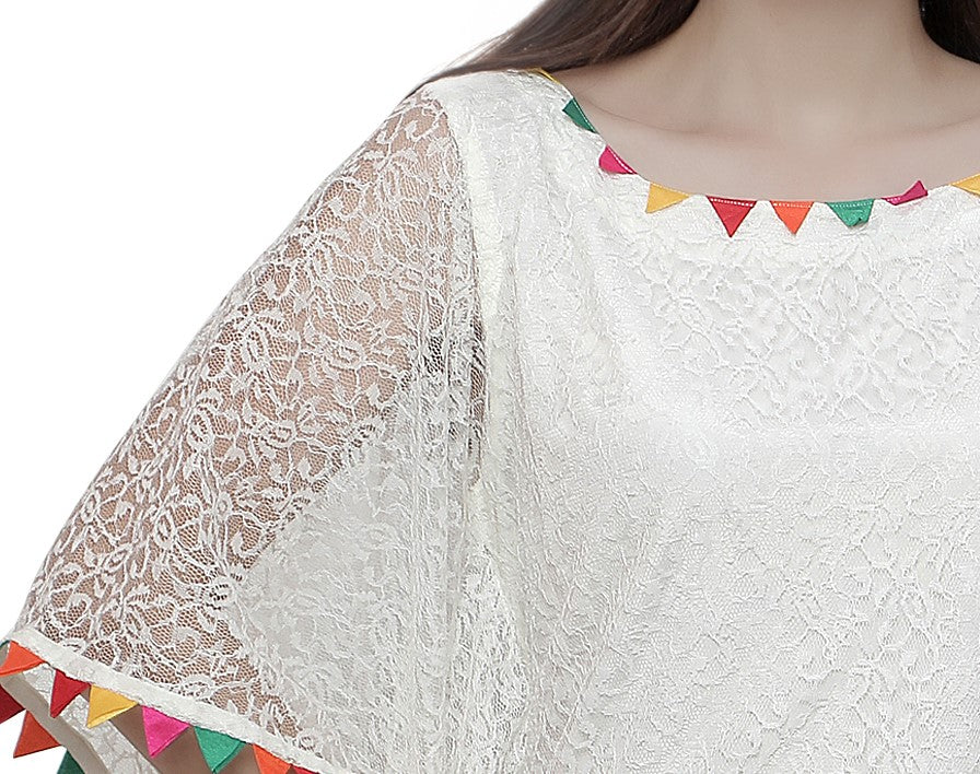 
                  
                    Cream Floral Net Beach Caftan with Colorful Trim - Maxim Creation
                  
                
