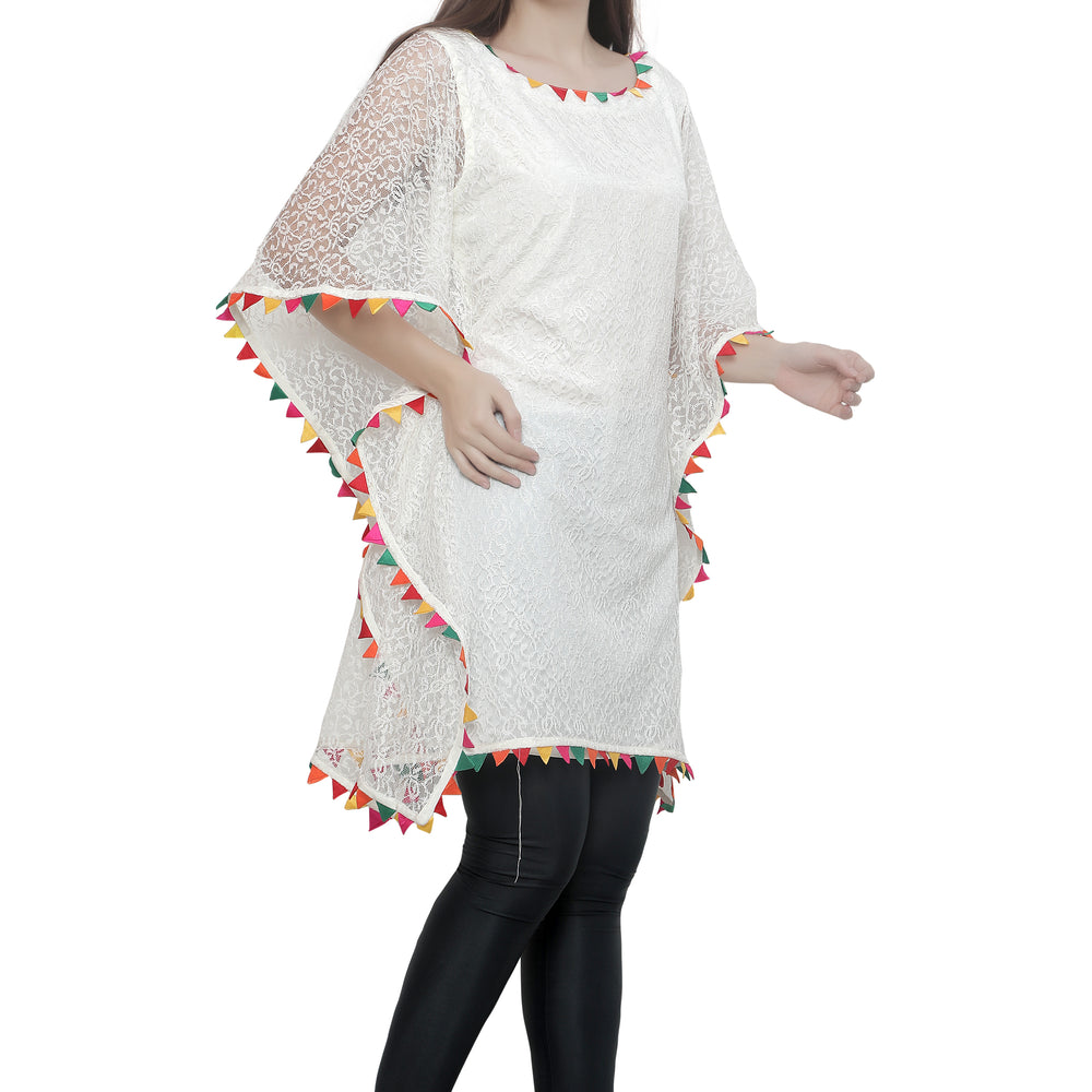 
                  
                    Cream Floral Net Beach Caftan with Colorful Trim - Maxim Creation
                  
                