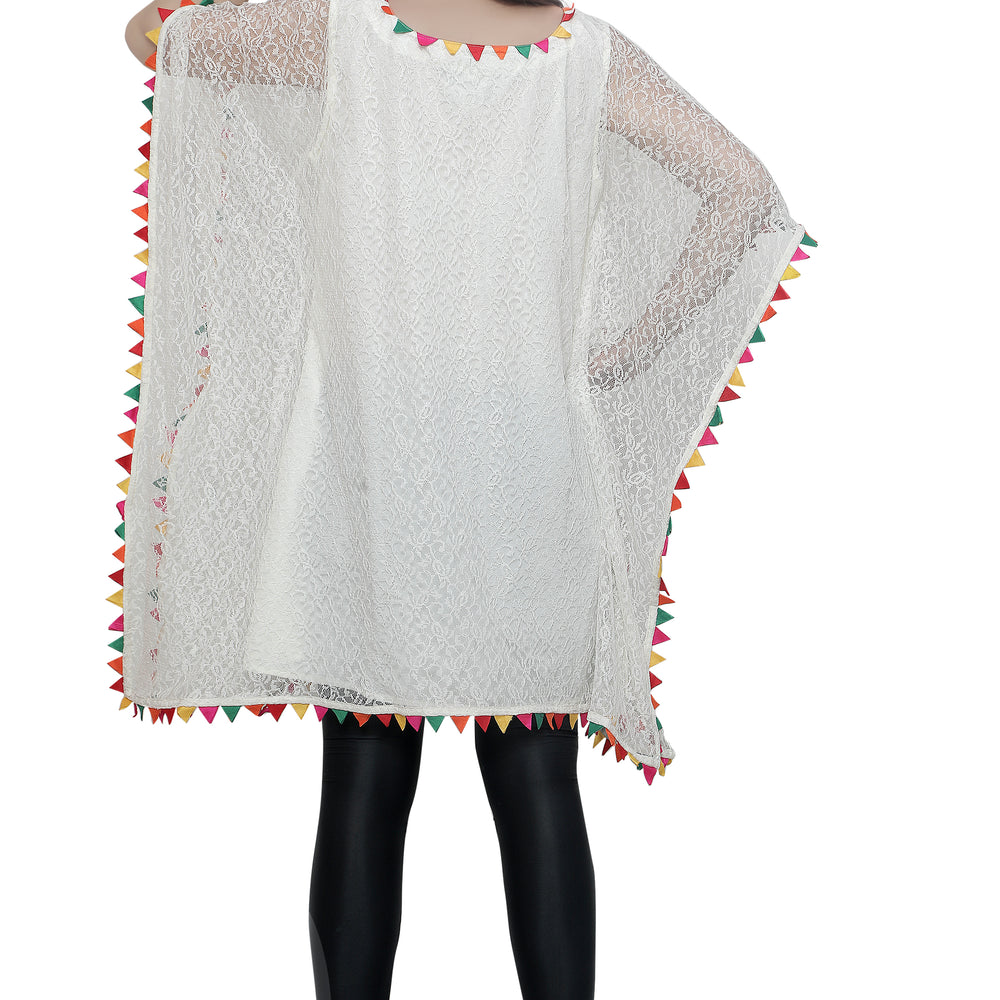 Cream Floral Net Beach Caftan with Colorful Trim - Maxim Creation