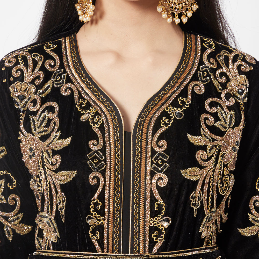 
                  
                    Crystal Stuudded Kaftan Hand Embroidered Takchita - Maxim Creation
                  
                