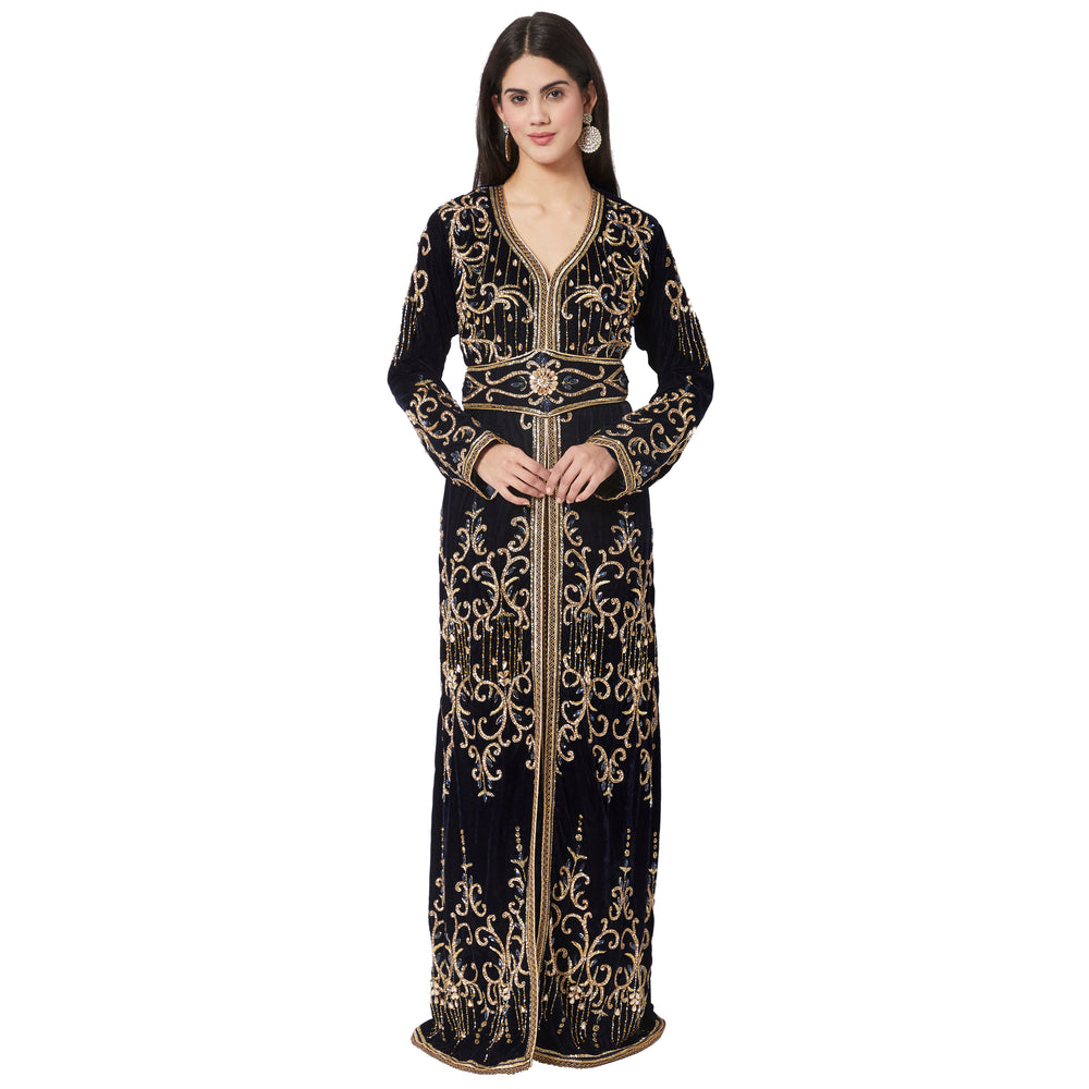 
                  
                    Designer Velvet Kaftan Crystal Handwork Wedding Gown - Maxim Creation
                  
                