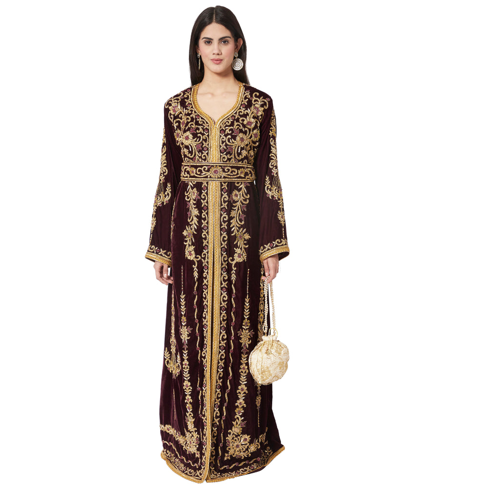 
                  
                    Takchita Caftan Wine Velvet Party Gown Evening Kaftan - Maxim Creation
                  
                