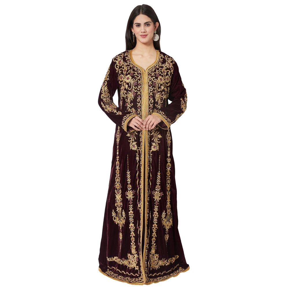 
                  
                    Takchita Caftan Wine Velvet Party Gown Evening Kaftan - Maxim Creation
                  
                