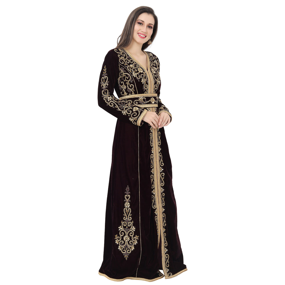 
                  
                    Crystal Studded Wedding Wear Dark Wine Velvet Gown - Maxim Creation
                  
                
