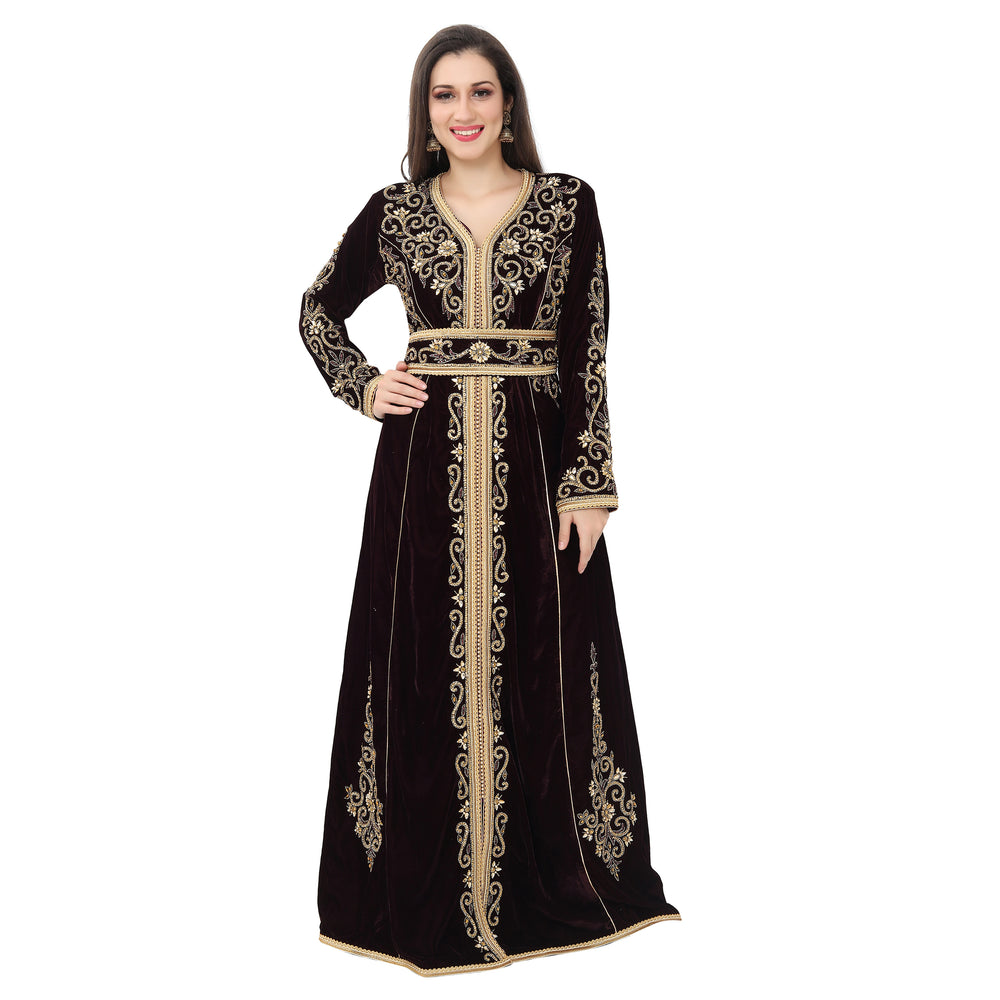 
                  
                    Crystal Studded Wedding Wear Dark Wine Velvet Gown - Maxim Creation
                  
                