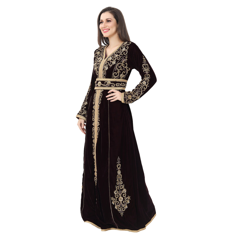 
                  
                    Crystal Studded Wedding Wear Dark Wine Velvet Gown - Maxim Creation
                  
                