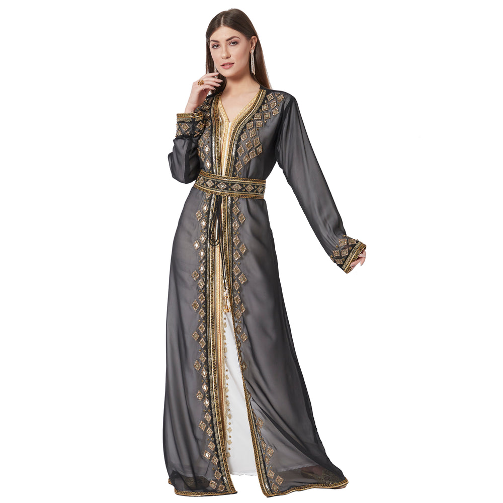 
                  
                    Crystal Studded Kaftan Embroidered Handicraft Gown - Maxim Creation
                  
                
