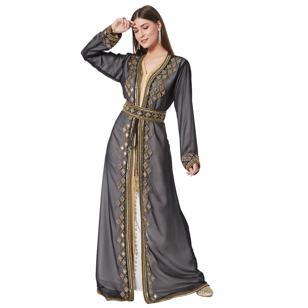 
                  
                    Crystal Studded Kaftan Embroidered Handicraft Gown - Maxim Creation
                  
                