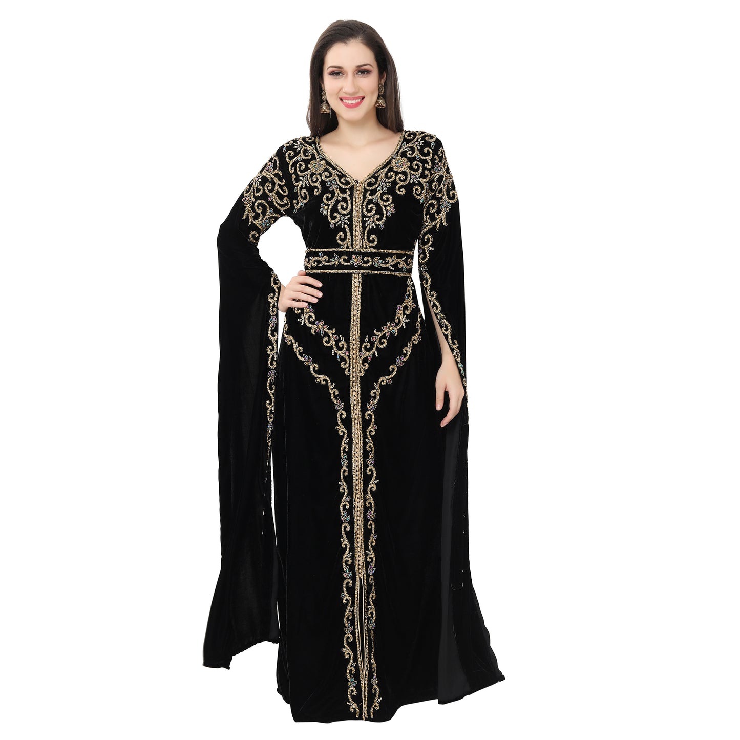 Long Sleeve Designer Bridal Wear Long Kaftan In Velvet Fabric - Maxim Creation