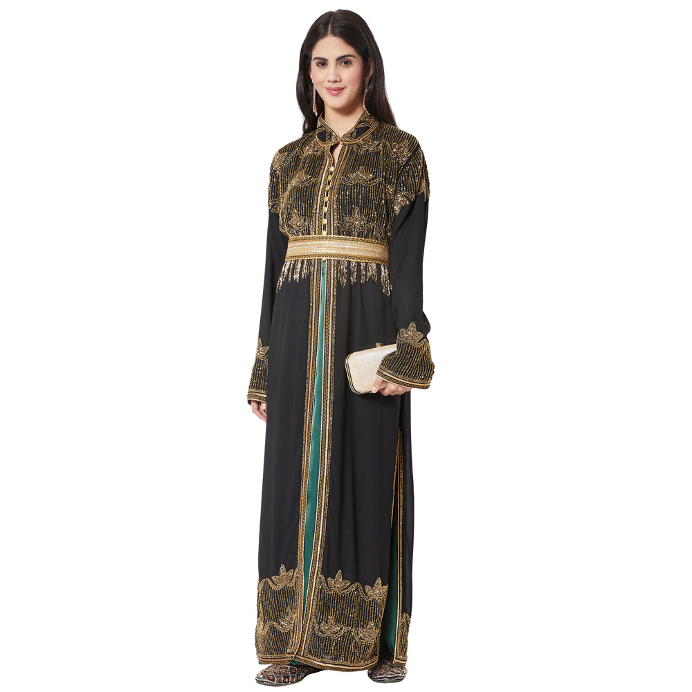 
                  
                    Embroidered Long Cardigan with Golden Hand Work Dress - Maxim Creation
                  
                