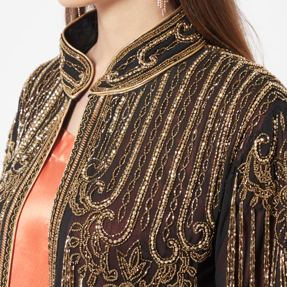 
                  
                    Embroidered Long Cardigan with Golden Hand Work - Maxim Creation
                  
                
