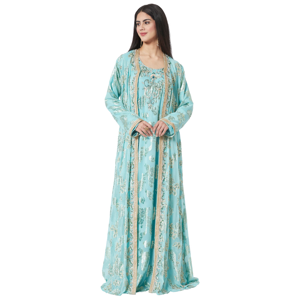
                  
                    Moroccan Caftan Crystal Hand Work on Embossed Brasso Fabric - Maxim Creation
                  
                