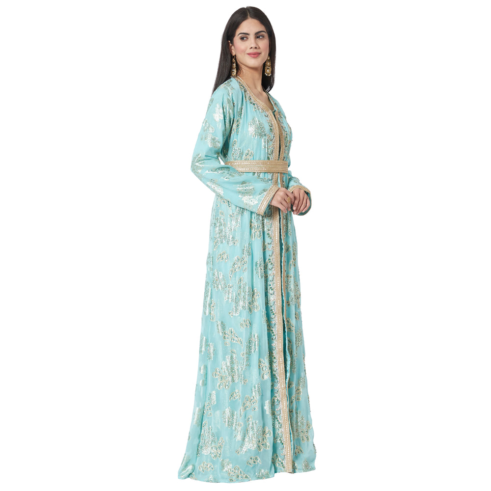 
                  
                    Moroccan Caftan Crystal Hand Work on Embossed Brasso Fabric - Maxim Creation
                  
                